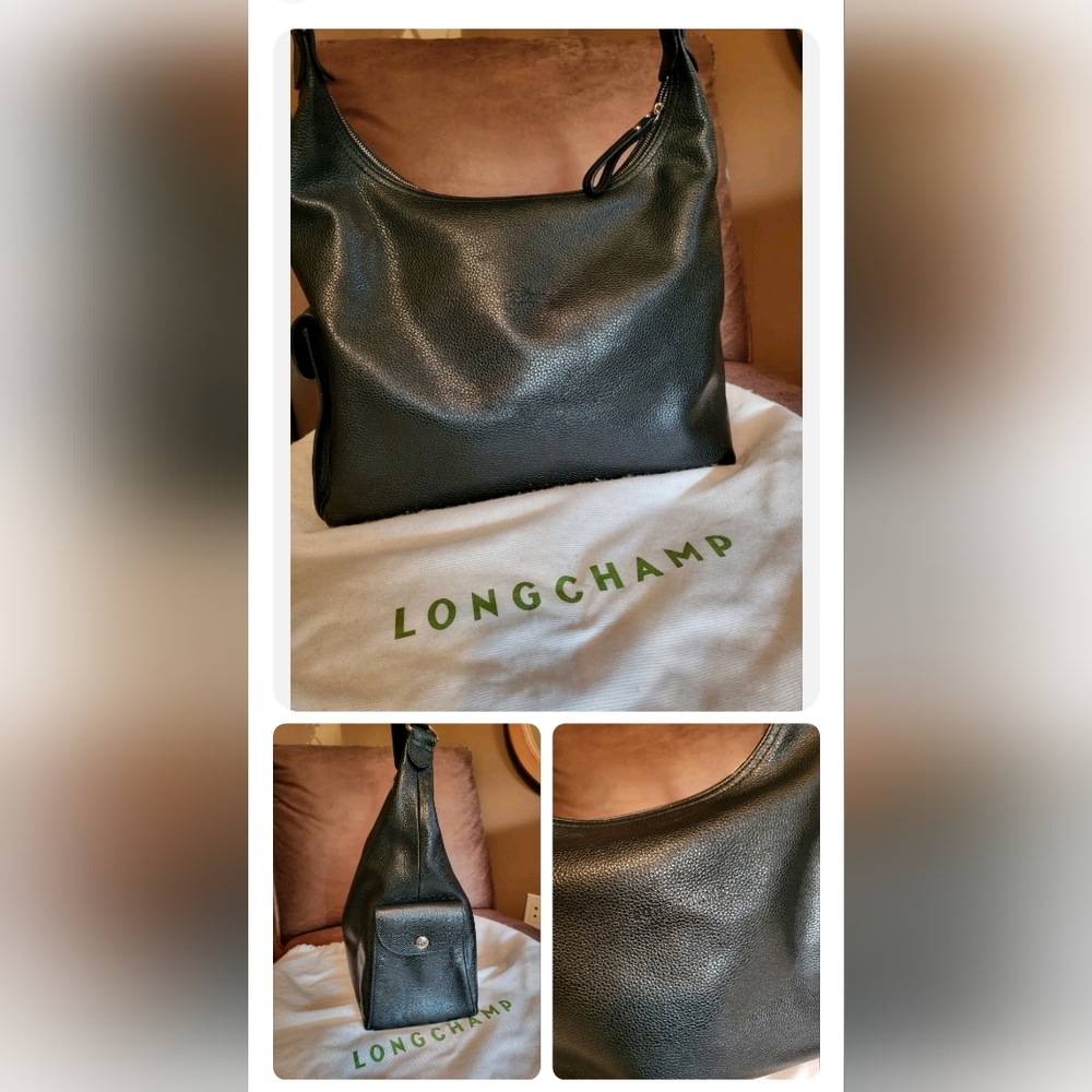 Longchamp Foulonne Leather Hobo Bag Black Silver EUC